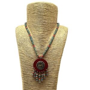 Southwest Boho Style Handmade Wooden Beaded Round Pendant Tassels Necklace 12" L